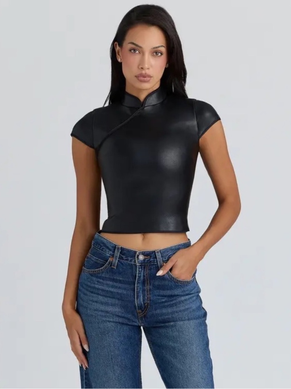House Of CB Bobbi Black Vegan Leather Mandarin Collar  Top size L